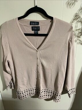 Finity Pale Pink Button-Front V-Neck Cardigan with Eyelet Hem